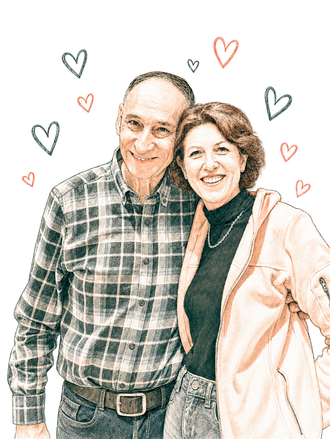 A hand-drawn portrait of my mother and father surrounded by hearts